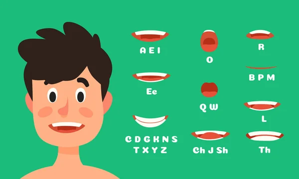 Männliche Lippen synchronisieren Animation. Mann Charakter reden Mund Ausdrücke, sprechen Gesicht Animationen flache Vektor Illustration — Stockvektor