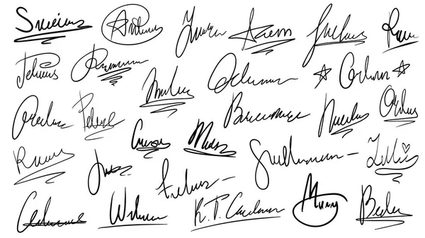 Signature manuscrite. Signatures manuelles, signe manuscrit pour les documents et autographe dessiné à la main lettrage isolé ensemble vectoriel — Image vectorielle