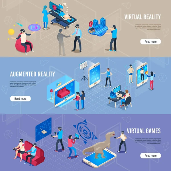 Isometric people in vr. Portable virtual reality simulation headset banners. Vector illustration collection — Stock Vector