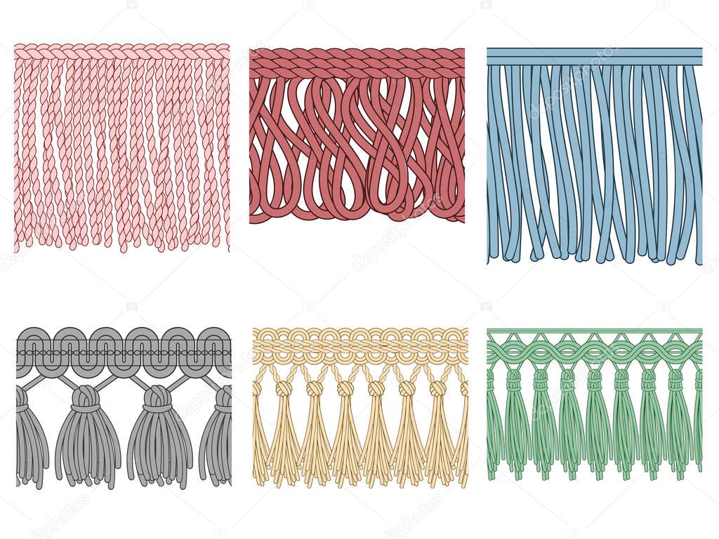 Garment fringe. Ruffle seam trim, raw textile edge and tassel braid ruffles isolated seamless patterns illustration set