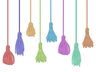 Tassel trim. Fabric curtain tassels, fringe bunch on rope and pillow colorful embelishments isolated vector set clipart
