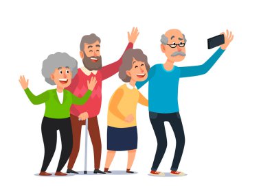 Eski insanlar selfie. Üst düzey insanlar Smartphone, Grup yaşlılar gülerek mutlu fotoğrafta illüstrasyon karikatür