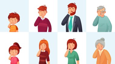 Facepalm jest. Hayal kırıklığına uğramış insanların yüzleri utandım, palmiye ve jestleri vektör çizim karikatür utanç arkasında yüz gizle