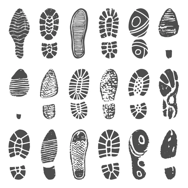 Schuhe Fußabdruck Silhouette. Turnschuhe Schritt, Wanderschuh Schuh Schritte Abdruck und Mann Füße Stiefel isoliert Vektor Illustration — Stockvektor