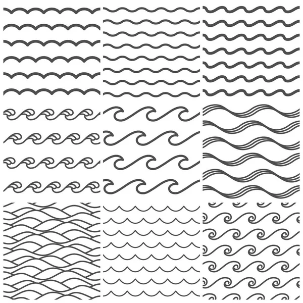 Patrón de olas de agua sin costura. Ola de mar, aguas oceánicas y lago ondulado. Aqua patrones vector fondo colección — Archivo Imágenes Vectoriales