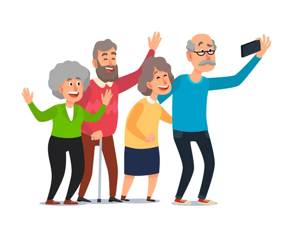 Old people selfie. Senior people taking smartphone photo, happy laughing group of seniors cartoon illustration — Stock Vector