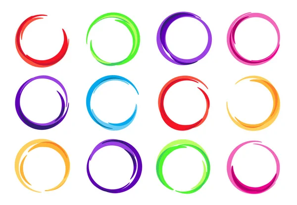 カラー サークル。丸いロゴ フレーム、サークル旋回波と鮮やかな楕円形の抽象的なカラフルな旋回エネルギー フレーム ベクトル イラスト セット — ストックベクタ
