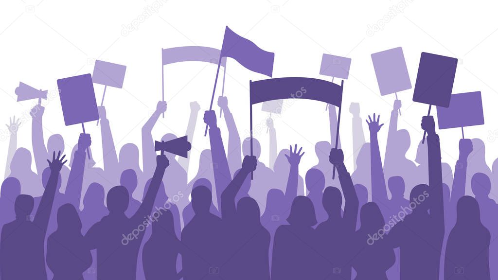Activists protest. Political riot sign banners, people holding protests placards and manifestation banner vector illustration