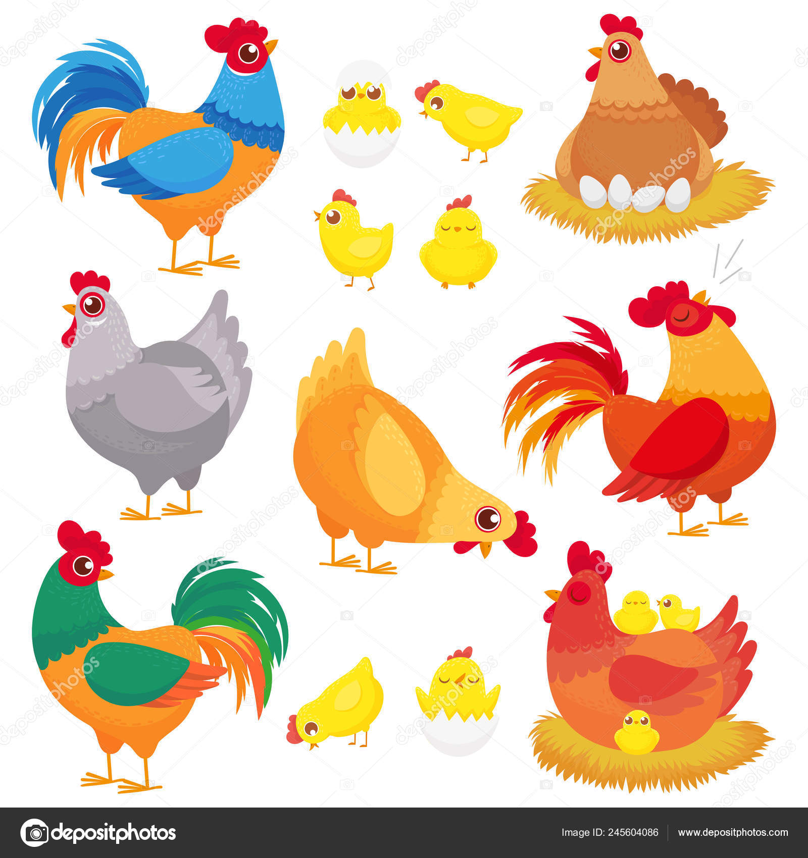 desenho animado engraçado galinhas, galinhas e galos, fofa garotas. frango  em ninho com ovos, pequeno pintinho e mãe galinha, Fazenda pássaro animais  vetor conjunto 23355831 Vetor no Vecteezy