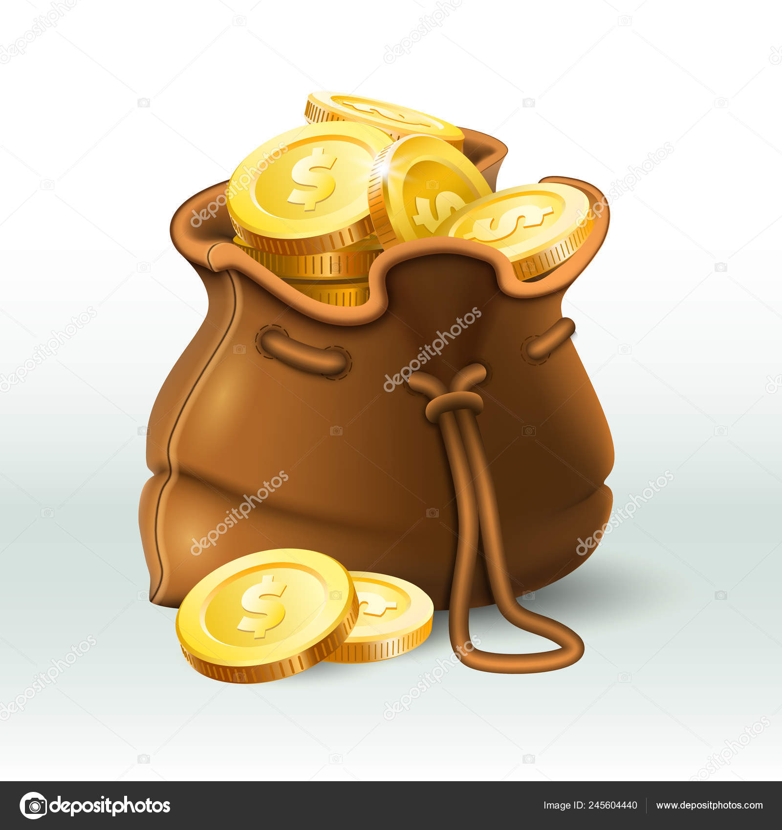 Golden coins bag. Gold coin in old antique sack saving money