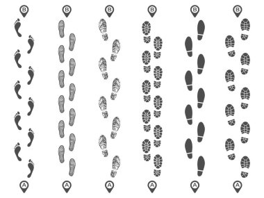 Footsteps track routes. Footprint trail, footstep imprint way route and walking foot steps map pins isolated vector illustration clipart