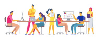 İş arkadaşlarınızın işyeri. Ekip birlikte çalışma alanı, ofis takım çalışanları ve iş arkadaşları coworking. Yaratıcılık işbirlikçi ofisleri, tasarımcılar konuşma vektör çizim