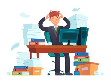 Aşırı Yöneticisi. Office aşırı iş yükü, örgütlenmemiş evrak ve iş belge sayfaları kazık çizgi film illüstrasyon iş