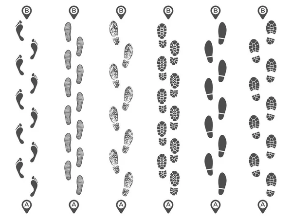 Pistas de senderos rutas. Huella de huella, huella de pisada ruta de la manera y caminar pasos de pie mapa pines ilustración vector aislado — Vector de stock