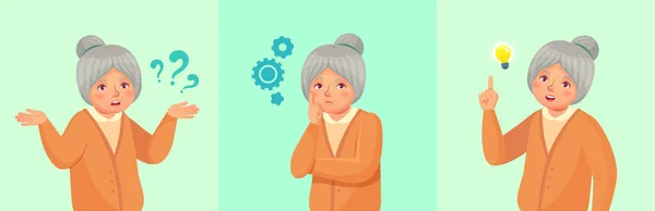 Grandmother thinking. Confused older female, thoughtful senior woman solved question or remembered answer vector cartoon illustration