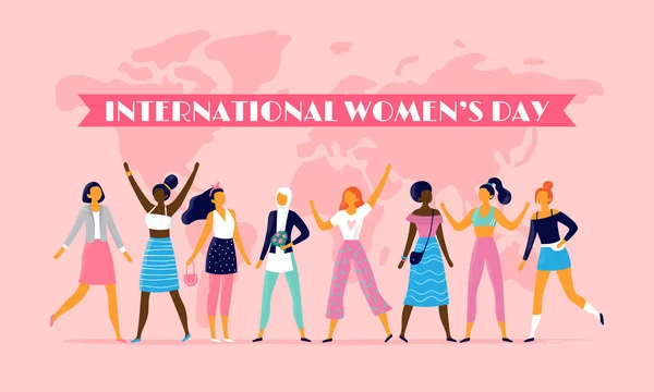 Internationale womens dag. Acht maart vieren, vector sisterhood Gemeenschap en multinational vrouwelijke mensen vlakke afbeelding — Stockvector