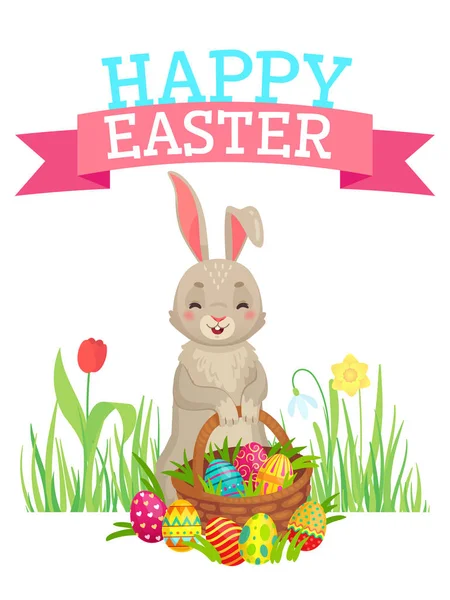 Tarjeta de felicitación de Pascua. Lindo conejito, huevos coloridos y flores de primavera. Feliz Pascua ilustración vector de dibujos animados — Vector de stock