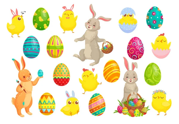 Huevos de conejo de Pascua. Lindo conejo, pollitos de primavera y colorido huevo vector ilustración conjunto — Archivo Imágenes Vectoriales