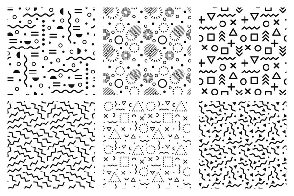 Memphis padrões sem costura. Funky 90s textura de fundo, modelo de moda 80s e conjunto de vetor de padrão hipster abstrato — Vetor de Stock