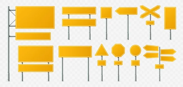 Gelbes Verkehrsschild. Leere Straßenschilder, Transport-Straßenschilder und Hinweisschilder auf Metallständer realistische Vektor-Illustrationsset — Stockvektor