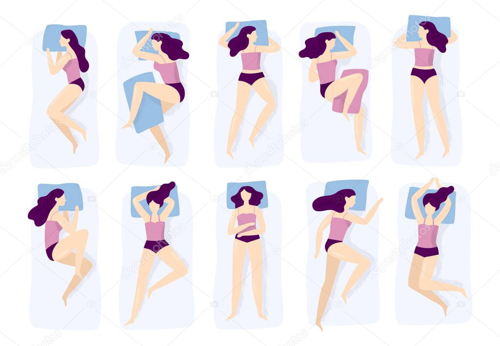 Girl sleeping poses. Various sleep pose with hand on pillow case. Sleep position isolated vector illustration