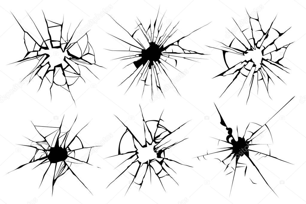 Cracked glass. Broken window, shattered glassy surface and break windshield glass texture silhouette vector illustration set