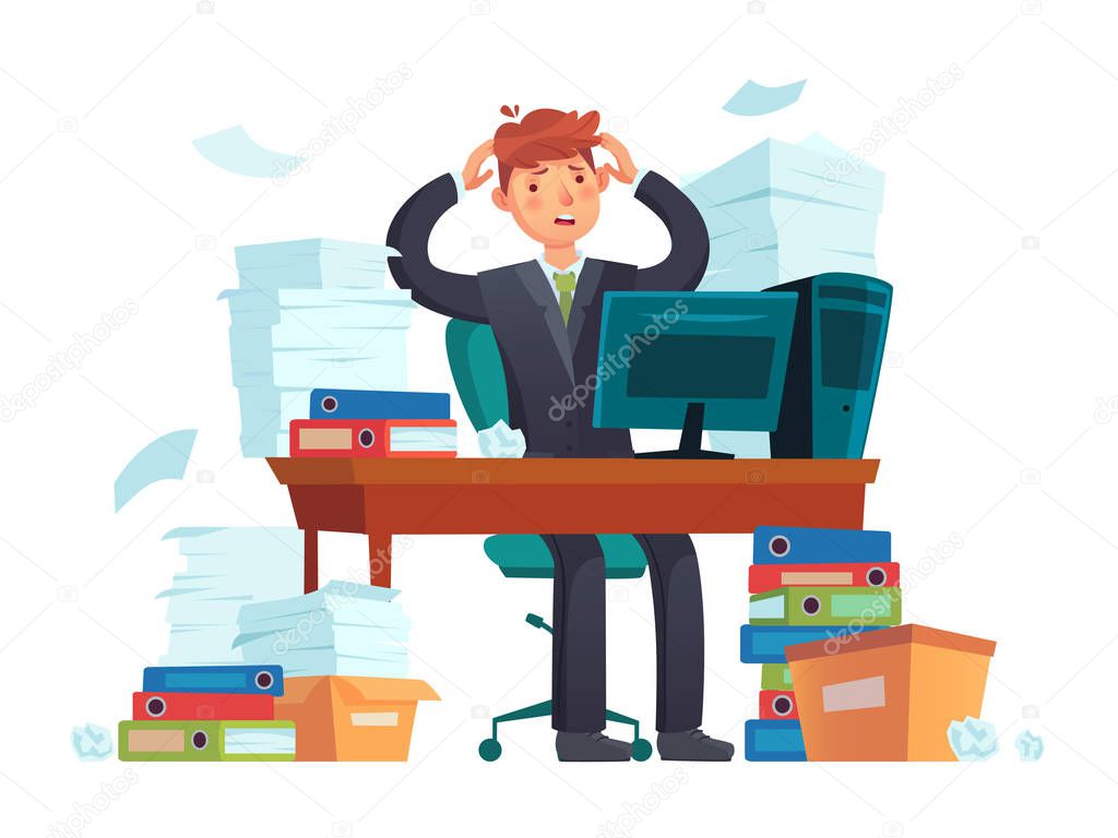 Manager overworked. Office overwork, unorganized paperwork and business work document sheets piles cartoon illustration