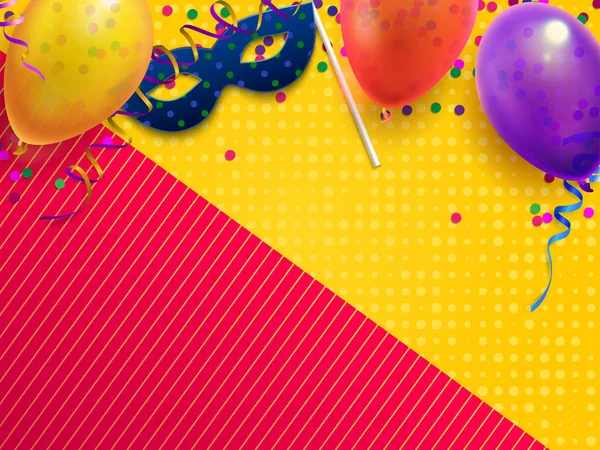 Carnaval mascarade fond festif. Fête d'anniversaire des enfants avec confettis, masque de carnaval et illustration vectorielle de ballon — Image vectorielle