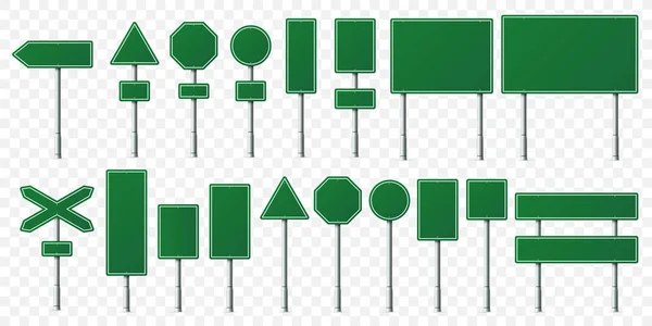 Grüne Hinweistafel. Wegweisertafeln auf Metallständer, leere Zeigerpfosten und Wegweisertafel isolierter Vektorsatz — Stockvektor