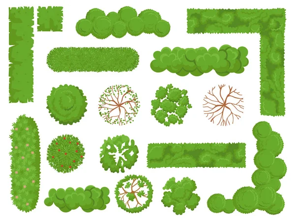 トップ ビューの木々 や茂み。フォレスト ツリー、緑豊かな公園林や植物の地図要素が上から見て分離ベクトルを設定 — ストックベクタ