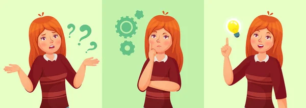 Teen girl think. Confused young female teenager, thoughtful girl student and answering question vector cartoon illustration — Stock Vector