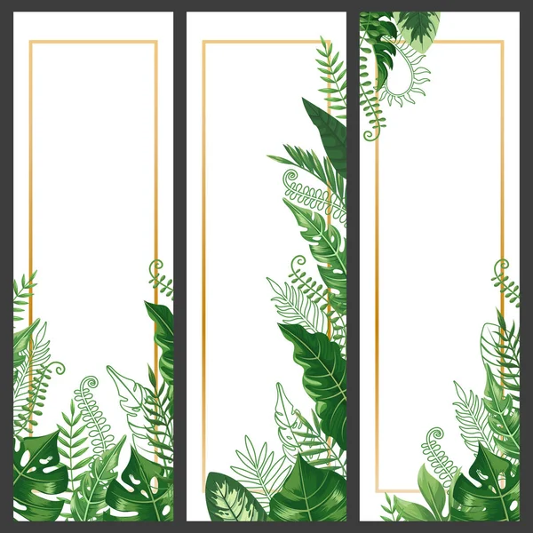 Foglie esotiche banner. Tropicale foglia monstera, ramo di palma e vintage hawaii natura piante striscioni verticali vettore sfondo set — Vettoriale Stock