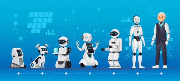 Generazioni di robot. Robotica evoluzione ingegneristica, robots ai tecnologia e umanoide computer generazione cartone animato vettoriale illustrazione — Vettoriale Stock