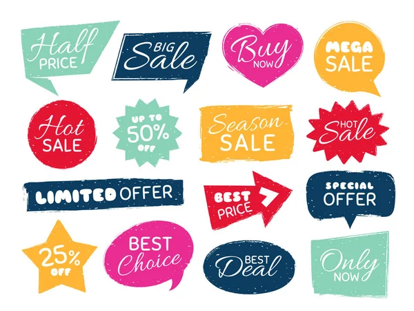 Grunge sale badge. Retro pricing sticker, grungy textured price tag and vintage best offer label badges isolated vector set — Stock Vector
