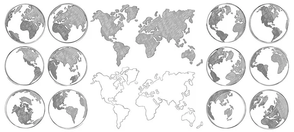 De kaart van de schets. Hand getekende earth globe, tekening wereld kaarten en globes schetsen geïsoleerd vectorillustratie — Stockvector