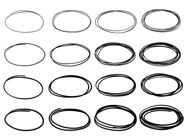 Schets ovale frames. Doodle ellips, ronde hand getrokken frame en omcirkelde doodles geïsoleerd vector set — Stockvector