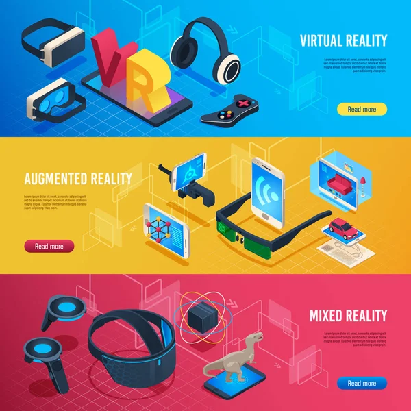 Realtà aumentata. Realtà virtuale isometrica wireless auricolare comunicazione banner vettoriale illustrazione — Vettoriale Stock