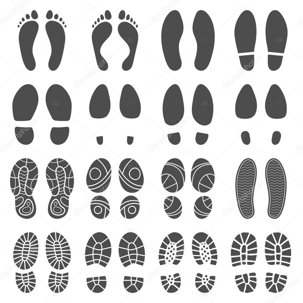 Footprints silhouettes. Barefoot steps prints, boots step and foot feet print isolated vector silhouette illustration