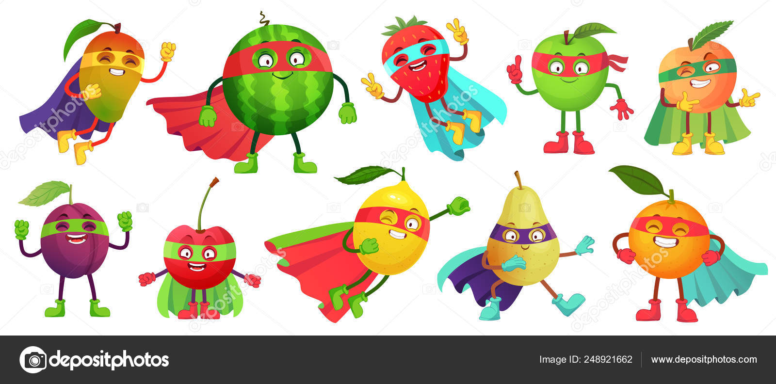 Fruta de super-herói. Super maçã, baga e laranja em traje de capa de herói.  Jardim super-heróis comida saudável desenho animado conjunto ilustração  Vetor de ©tartila.stock.gmail.com 248921662, image size:1600x792
