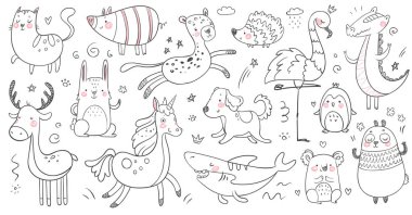Doodle hayvanlar. Hayvan, elle çizilmiş dekorasyon panda ve sevimli timsah kroki. Sevimli köpek balığı, kedi ve dostluk leopar vektör set