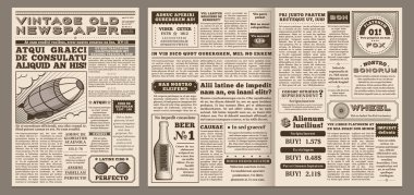 Vintage newspaper template. Retro newspapers page, old news headline and journal pages grid vector illustration layout clipart
