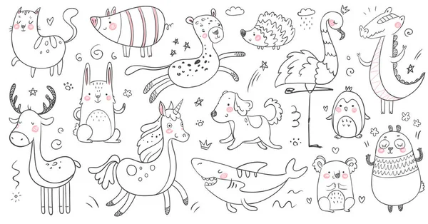 Doodle animais. Sketch animal, panda de decoração desenhada à mão e crocodilo adorável. Conjunto de vetor de leopardo bonito tubarão, gato e amizade —  Vetores de Stock