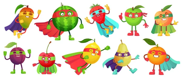 Superheldenfrucht. Superapfel, Beere und Orange im Heldenmantel-Kostüm. Garten Superhelden gesunde Ernährung Cartoon Vektor Illustrationsset — Stockvektor