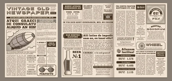 Plantilla de periódico vintage. Página de periódicos retro, encabezado de noticias antiguas y páginas de revistas cuadrícula vector ilustración diseño — Archivo Imágenes Vectoriales