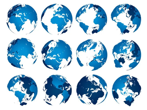 Blue earth globe. Globes bol silhouet, Europa, Azië en Amerika kaarten. Aarde kaart geïsoleerde 3D-vector instellen — Stockvector