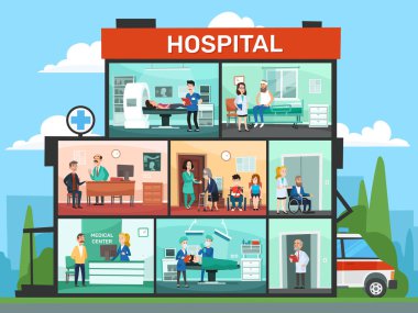 Tıbbi ofis Odalar. Hastane Binası iç, acil Kliniği doktor bekleme odası ve cerrahi doktorlar vektör çizim karikatür