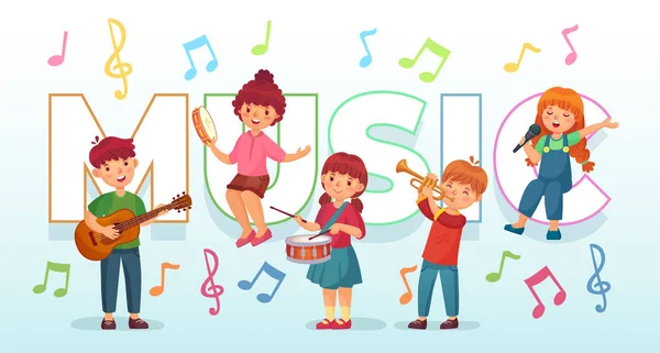 Kinderen spelen muziek. Muziekinstrumenten voor kinderen, baby band muzikanten en dansende kind zingen of spelen gitaar vectorillustratie — Stockvector