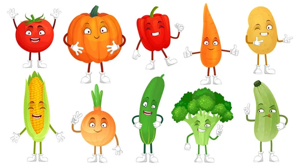 Cartone animato personaggio vegetale. Sane verdure cibo mascotte, carota bambino e cetriolo divertente. Insieme di illustrazioni vettoriali isolate di verdure — Vettoriale Stock