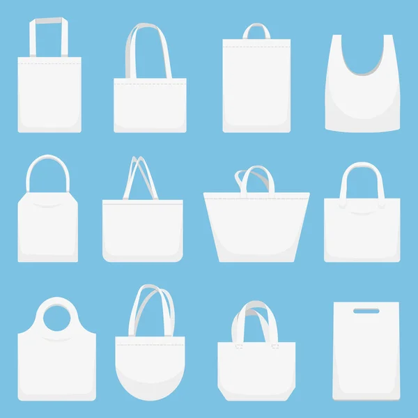 Látková taška. Eco plátno pytle, bílé nákupní vak a pláž hadřík kabelka vektorové ilustrace set — Stockový vektor