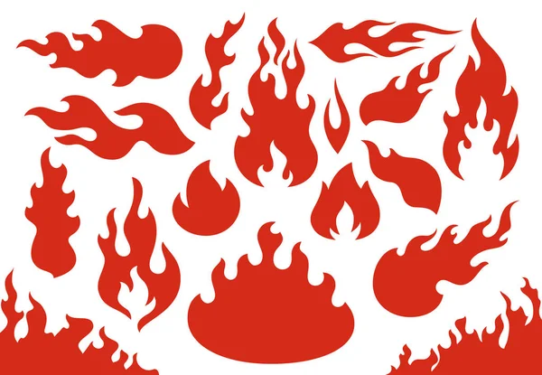 Brandende vlammen van het vuur. Vlammend rode wildvuur vurige of racen vlam. Brandende hel inferno brand pictogrammen afbeelding instellen — Stockvector